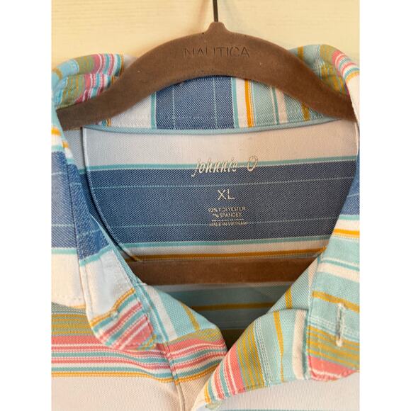Johnnie-O Mens Erwin Lake Polo Large UPF Stripe PrepFormance Colorful Stretch XL - Picture 6 of 7